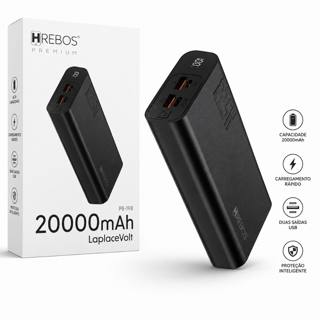 Carregador Portátil Power Bank 20000mAh Hrebos 22.5W Turbo Display LED Original Homologado Anatel PB-198 Universal