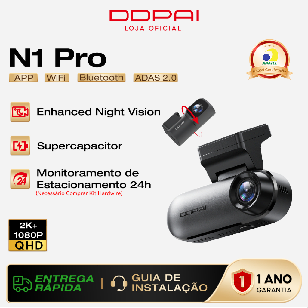 DDPAI N1 Pro Câmera Veicular 2K+1080P NightVIS ADAS Wi-Fi Bluetooth 5.0 Supercapacitor Monitoramento Estacionamento 24h