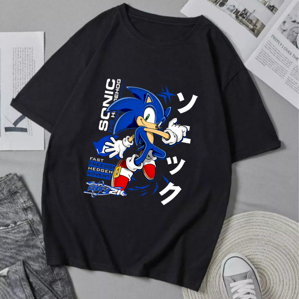 Camiseta Preta Estampa Personagens Sonic Moda Geek Unissex 100% Algodão Malha Premium Casual Confortável Estilosa Gamer