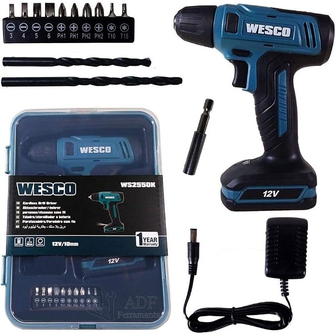 PARAFUSADEIRA 12V C/ 1 CARREGADOR E JOGO DE BITS - WESCO