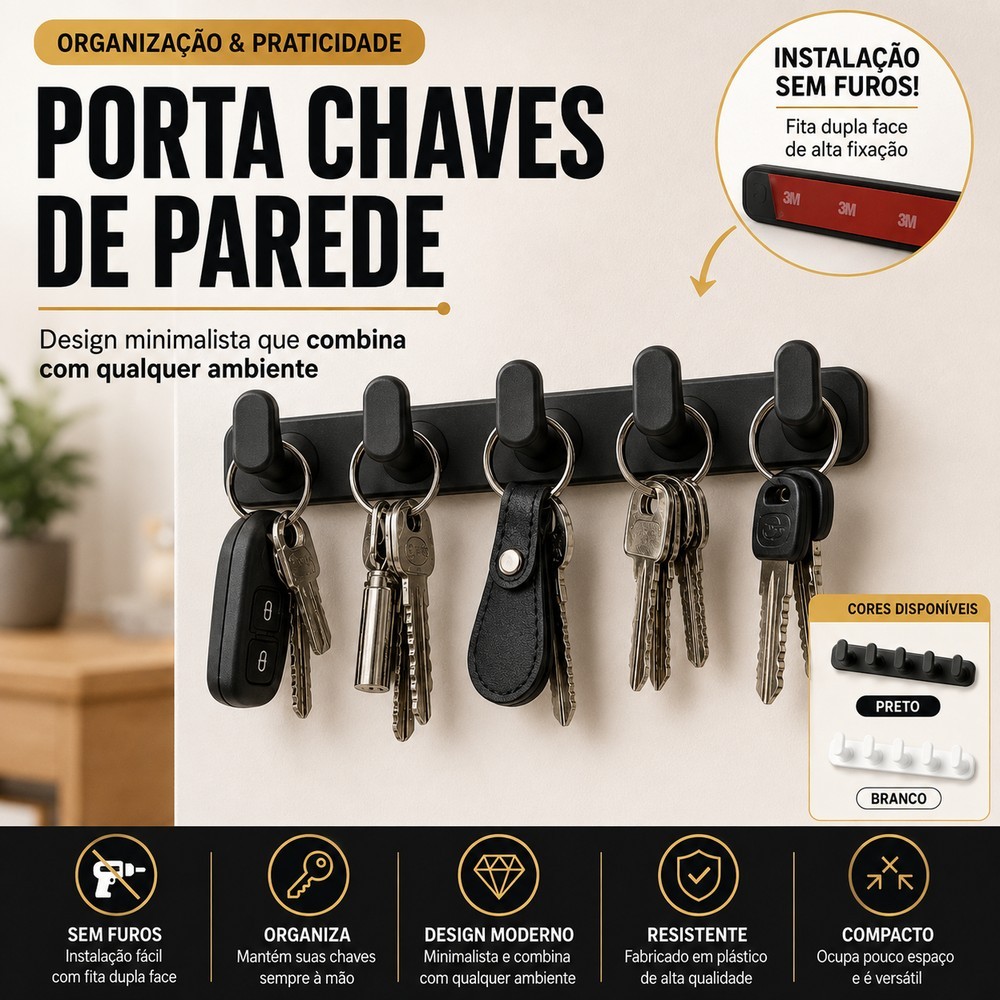 Porta Chaves de Parede Organizador Minimalista de Chaves Escritório Hall Entrada da Casa Sem Furos