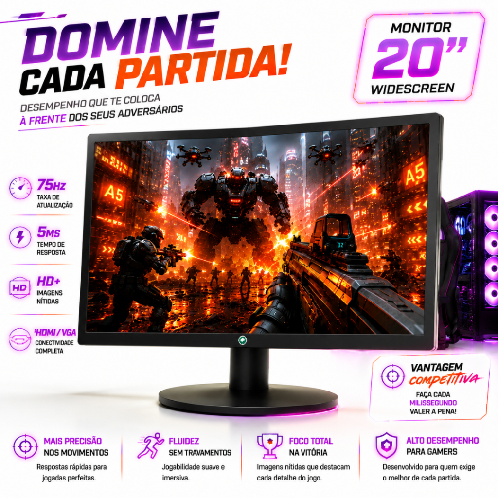 Monitor Led 20 polegadas Brazilpc HDMI VGA - 5ms 75Hz alta qualidade de imagem