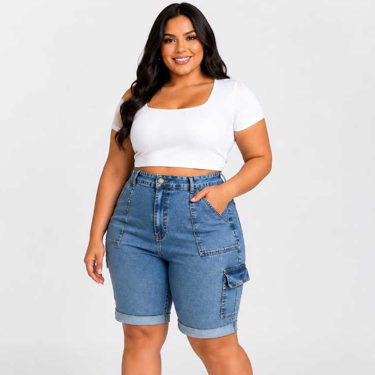 Bermuda Jeans cargo slim e plus size bolso Chapado frontal com Lycra jeans Azul Marmorizado