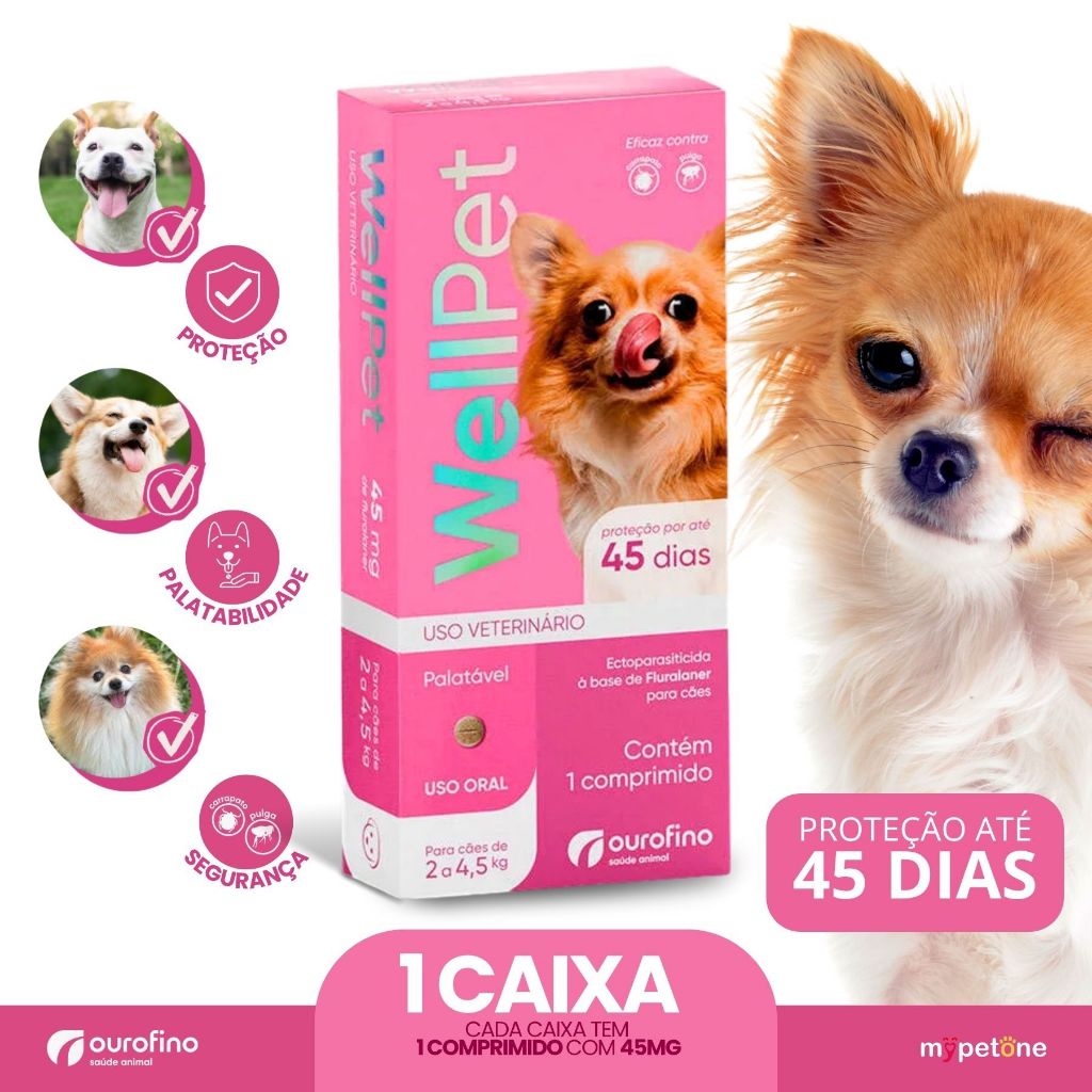 Wellpet 45mg Ourofino Antipulgas e Carrapatos para Cães 2 a 4,5kg