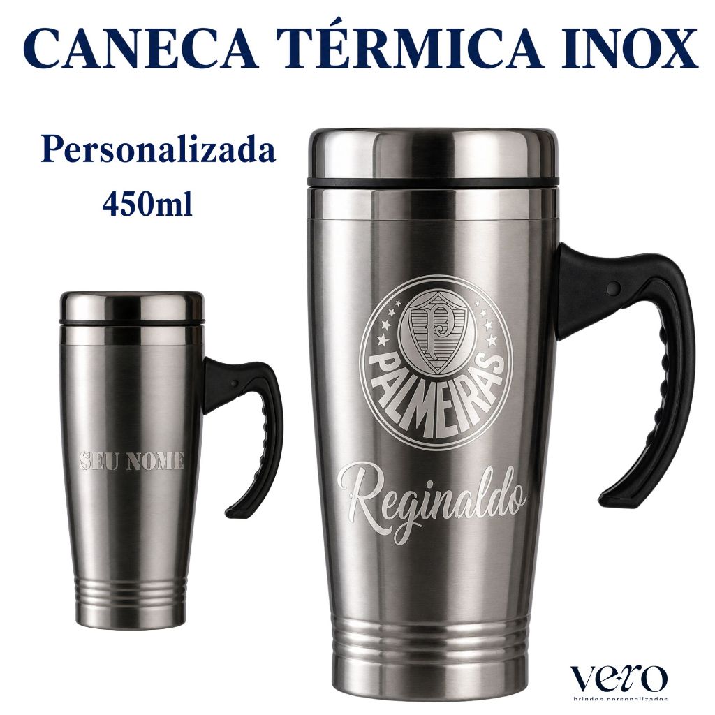 Caneca Térmica Inox 450ml com Tampa Personalizada a Laser Nome Empresa Logo Time Presente Brinde Corporativo Café