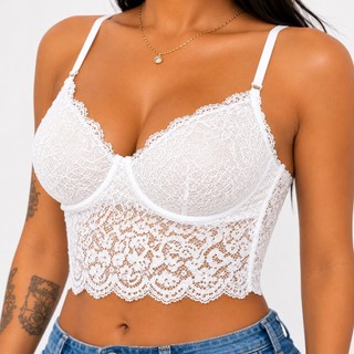 Top Cropped Feminino de Renda com Alças Unica Ajustáveis