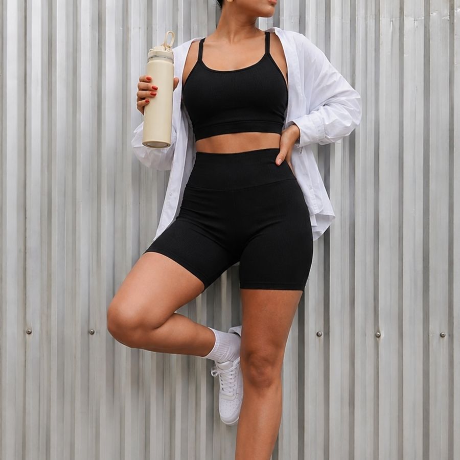 Conjunto Feminino Short+Top Tecido Canelado Zero transparencia Moda Fitness Verão 2026 Pra Academia Treinos Corrida