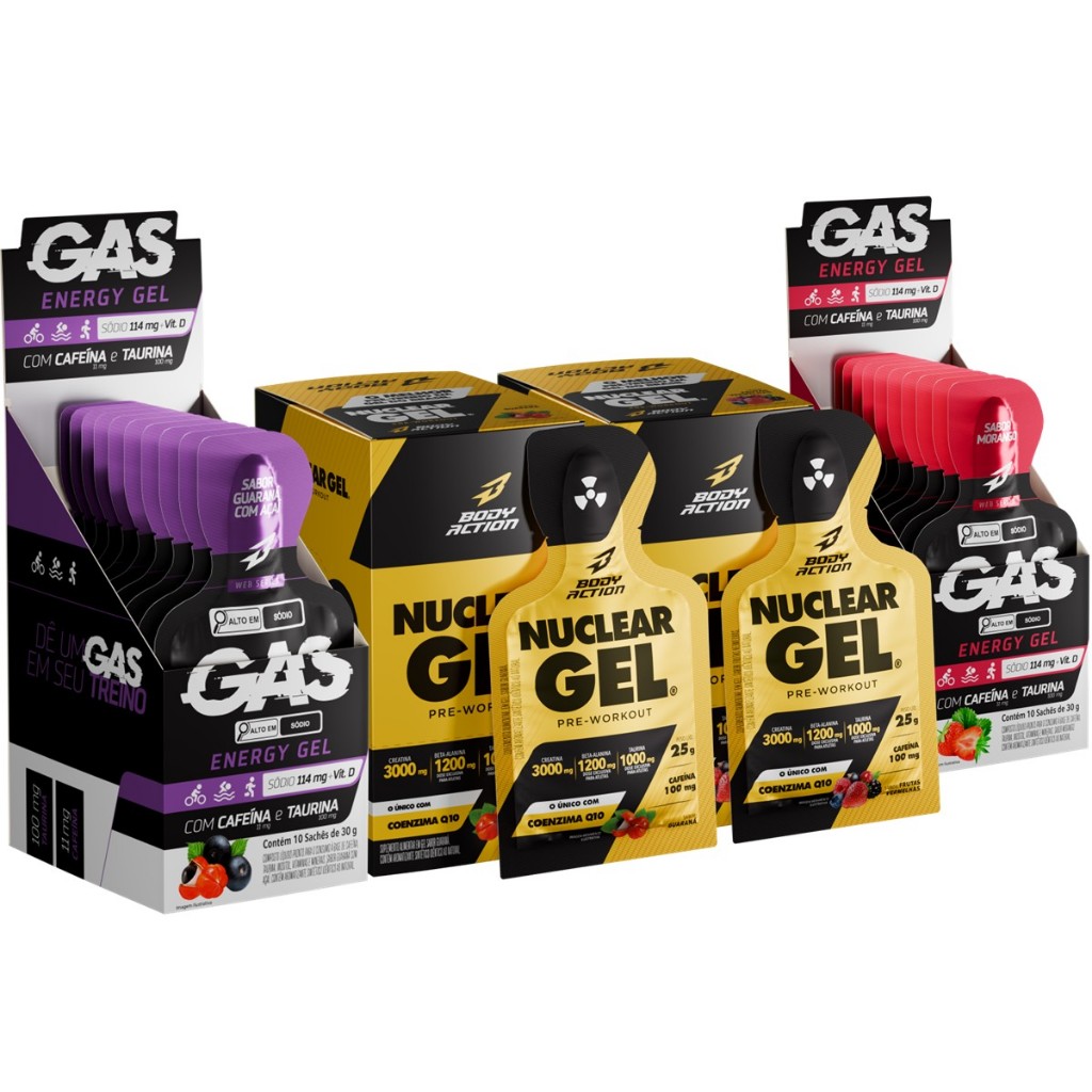 Kit 2x Gas Energy Gel + 2x Pré Treino Nuclear Rush Gel Sachê Bodyaction