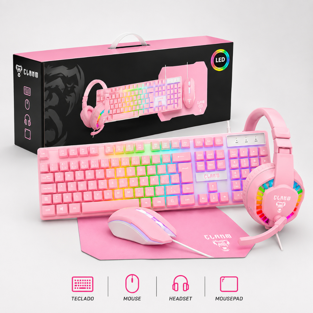 Kit Gamer Combo Rosa 4 em 1 Teclado ABNT2, Mouse, Headset e MousePad  Candy Clanm