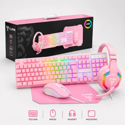 Kit Gamer Combo Rosa 4 em 1 Teclado ABNT2, Mouse, Headset e MousePad Candy Clanm