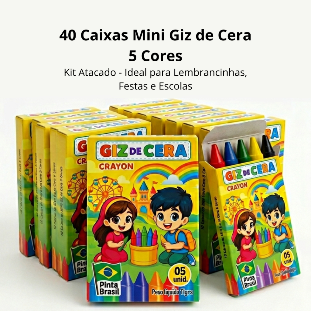 40 Cx Mini Giz de Cera 5 Cores P/ Kit Festa Infantil Lembrancinha