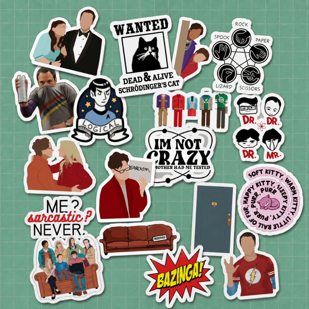 Kit de 18 Adesivos The Big Bang Theory – Stickers Bazinga, Sheldon, Soft Kitty e Geek