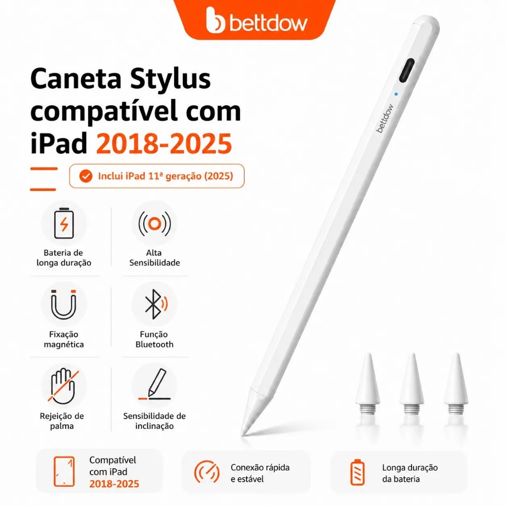 BETTDOW 11th Plus Caneta Stylus para iPad Stylus Pencil Rejeição da palma 9th Gen 8th 7th 6th Pro 11 12.9 2018-2025