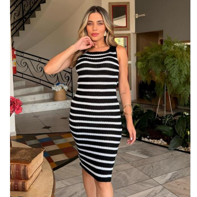 vestido feminino LISTRADO CANELADO TRICOT PREMIUM CONFORTAVEL MODA DIA A DIA ELEGANTE VERAO
