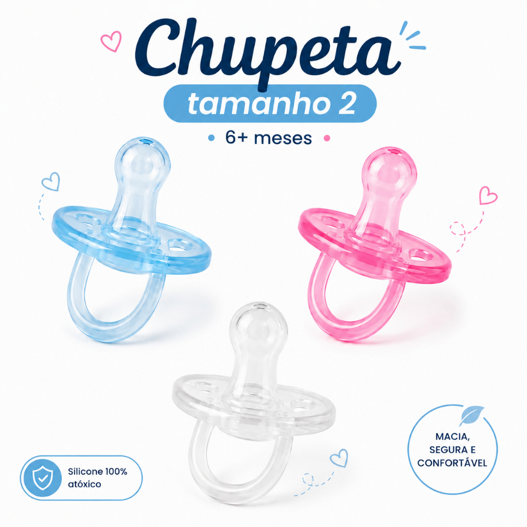 Chupeta Silicone Tamanho 2 6+ Meses Ortodôntica Bico Anatômico e Redondo Sem BPA Macia para Bebê Azul Rosa e Cristal