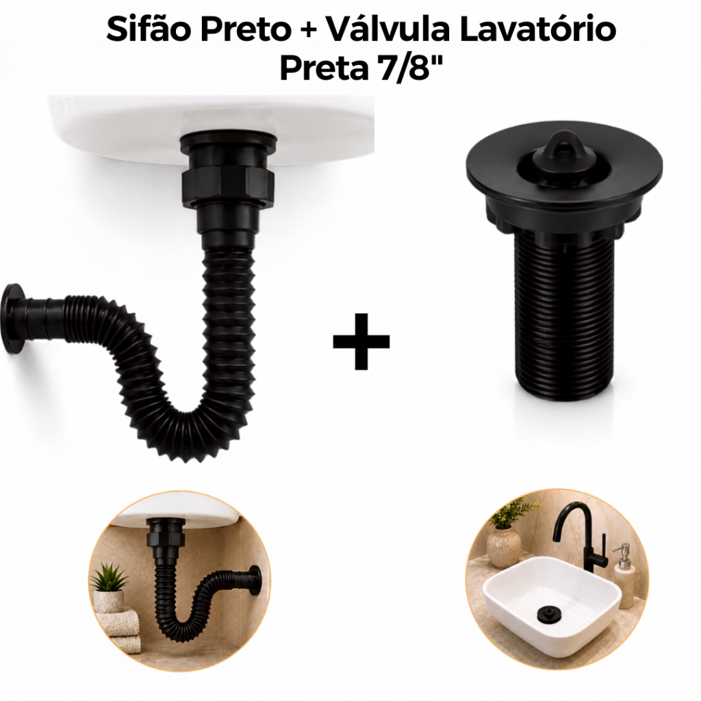 KIT Sifão Preto + Válvula Preta 7/8" ABS - Sanfonado Flexível Cozinha Banheiro Lavatório Gourmet
