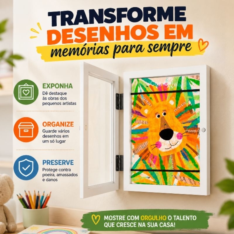 Moldura Expositora A4 Guarda Desenhos Infantil com Armazenamento e Abertura Frontal Magnética Branca
