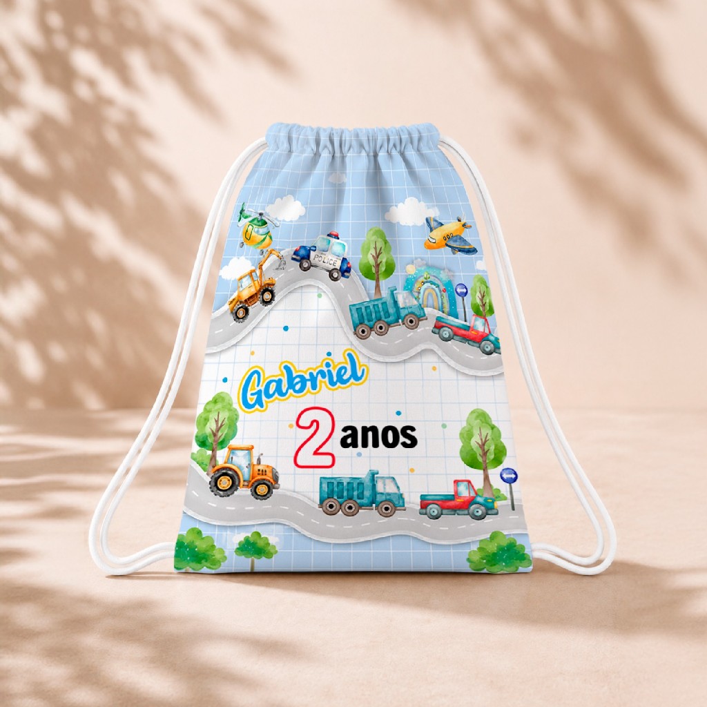 10 Mochila Personalizada Infantil 18x26 Sacolinhas Surpresa Festa Aniversário Lembrancinha Meio transporte Carrinhos M3