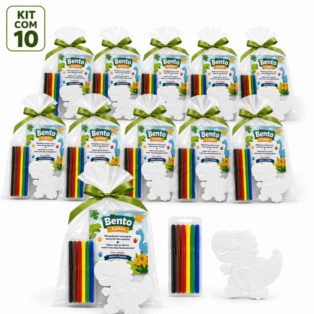 Kit 10 Lembrancinha Dinossauro Personalizada Placa de Colorir + Canetinha Hidrocor Festa Infantil Lembrancinha