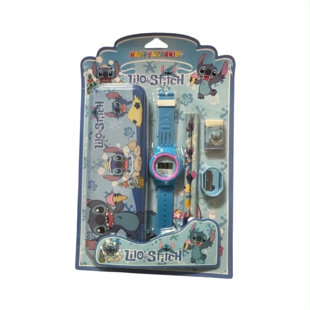 Kit Papelaria Stitch - Estojo + Borracha + Apontador + Lápis e Régua ou com Relógio - Material Escolar - Papelaria Fofa