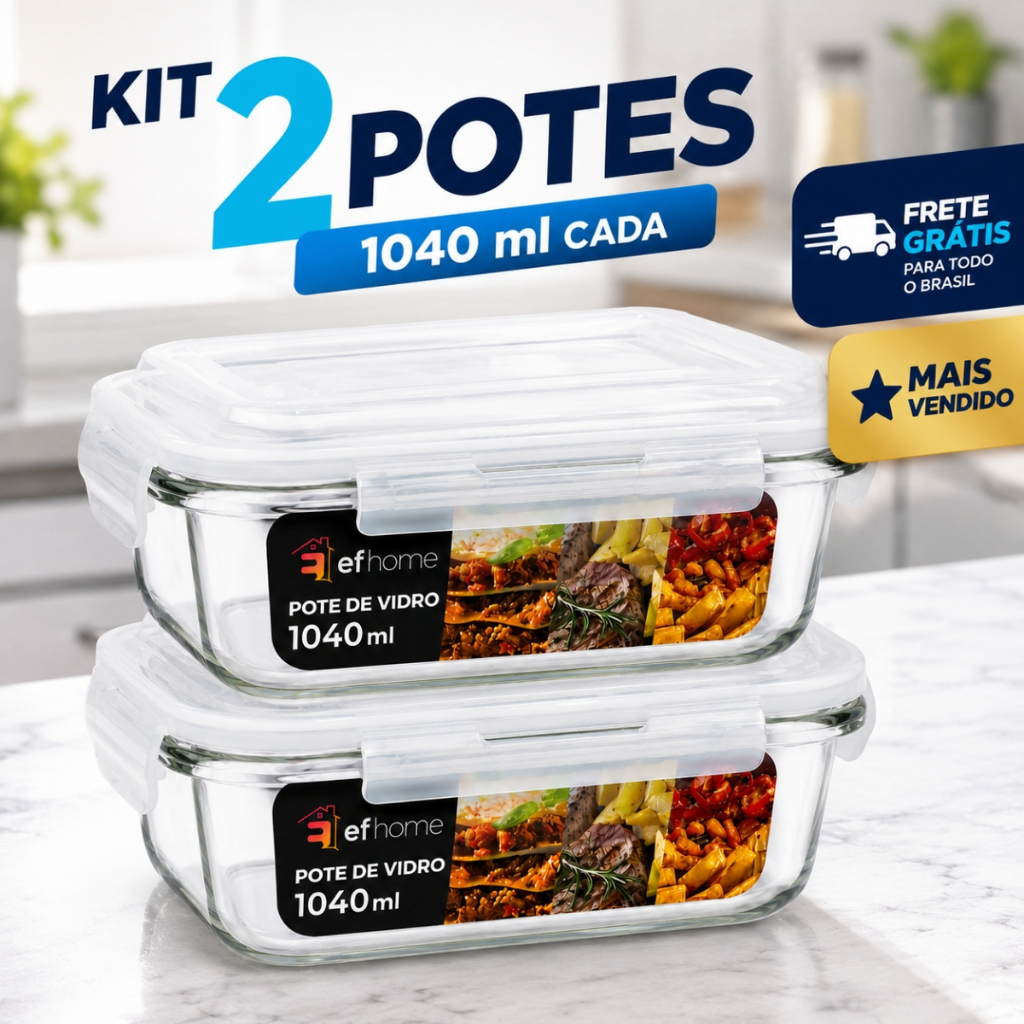 Conjunto 2 Potes 1040ml Hermético Vidro Marmita Com 4 Travas