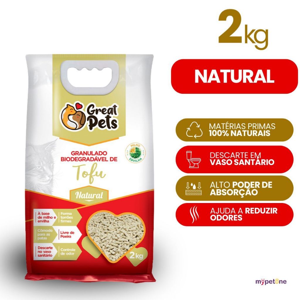 Areia Gatos Tofu 2kg Granulado Biodegradável Higiênico Natural Great Pets