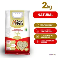 Areia Gatos Tofu 2kg Granulado Biodegradável Higiênico Natural Great Pets