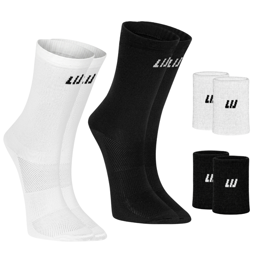 Kit 2 Pares Meia Poliamida Performance Pro Cano Médio Corrida e 2 Pares de Munhequeira Pulse Algodão