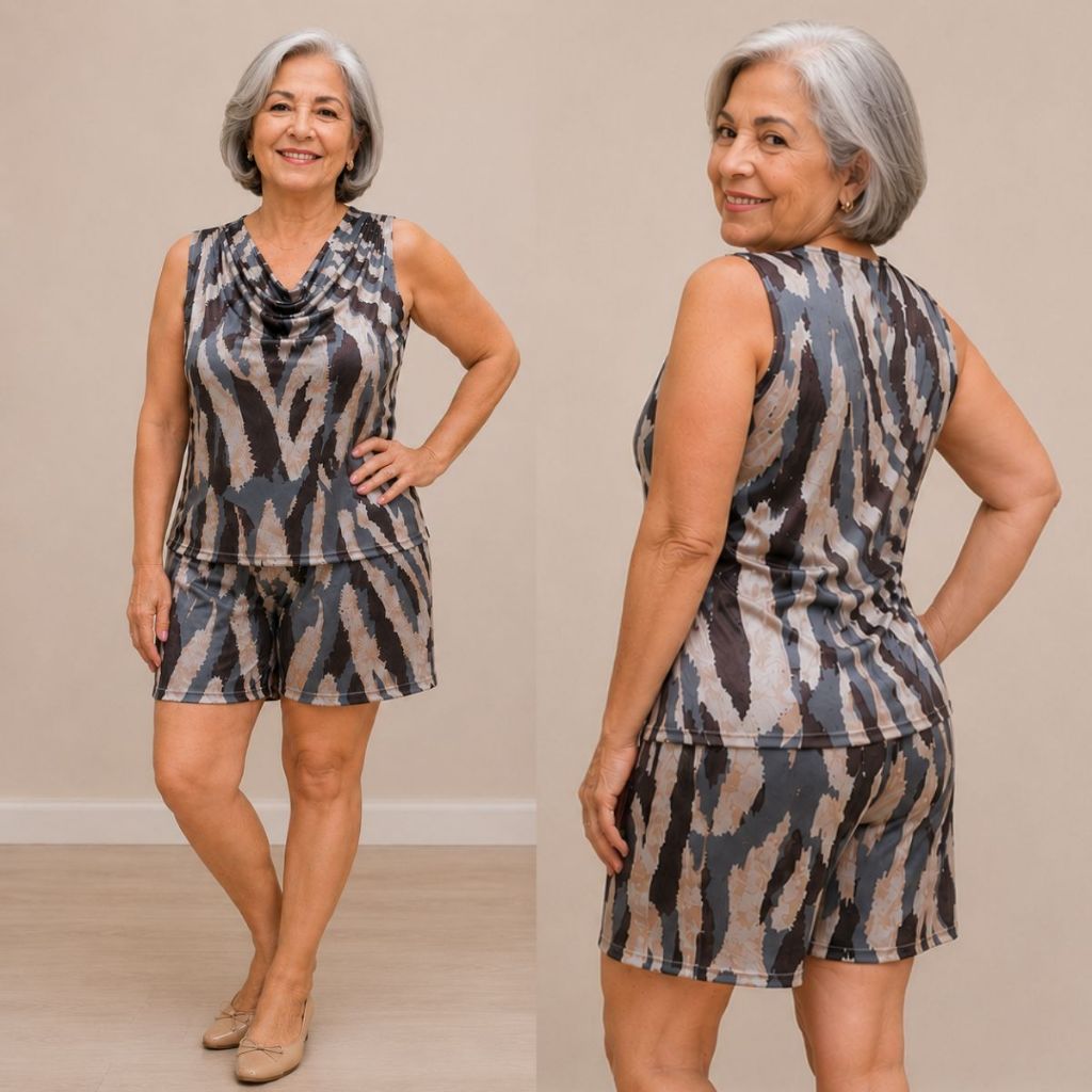 Conjunto Feminino Bermuda Blusa Gola Boba Short Senhora Regata Fluity Confortável Dia a Dia Casual