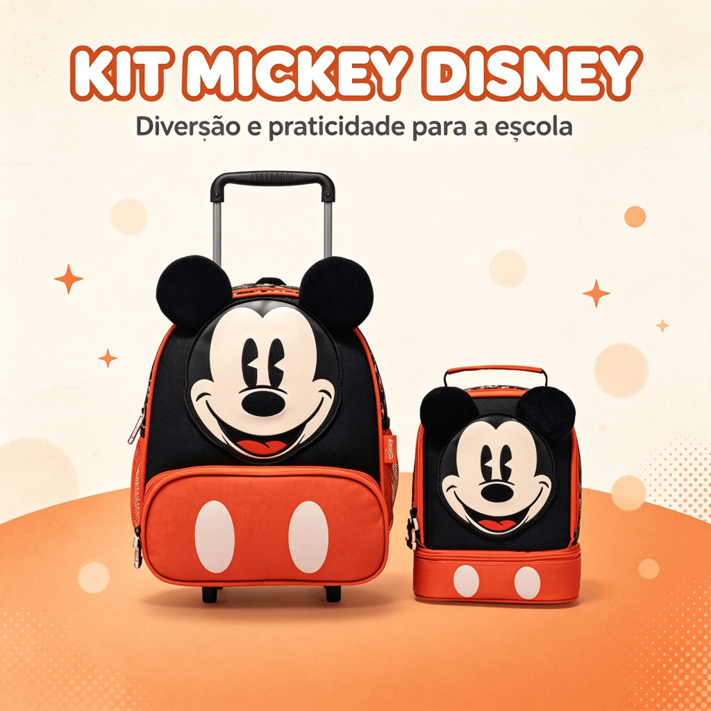 Kit Mochila Rodinha Mickey Pré Escolar Infantil Resistente Disney