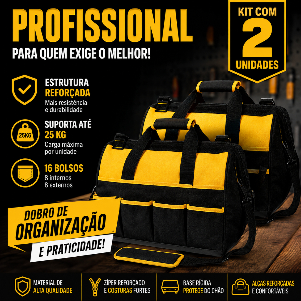 Kit 2 Bolsas Mala De Ferramentas Reforçada Grande 16 Bolsos d Lona Porta ferramentas fundo reforçado