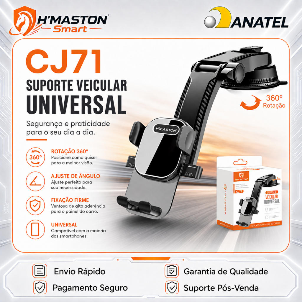 H'maston CJ-71 Suporte Celular Carro Veicular Trava Anti Queda 360º Universal ajustável