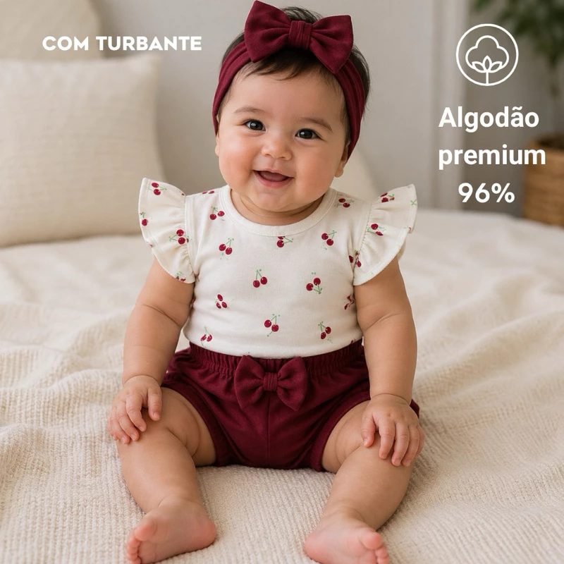 Conjunto Bebê Menina verão Body e Calça ou Shorts Algodão Premium com Turbante | Verão e Meia Estação