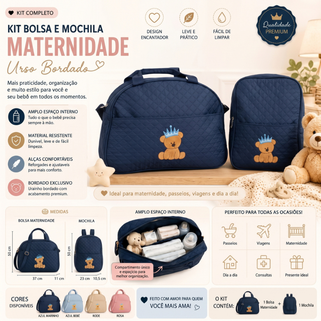 Kit Bolsa E Mochila para Bebê Saida Maternidade Urso Bordada