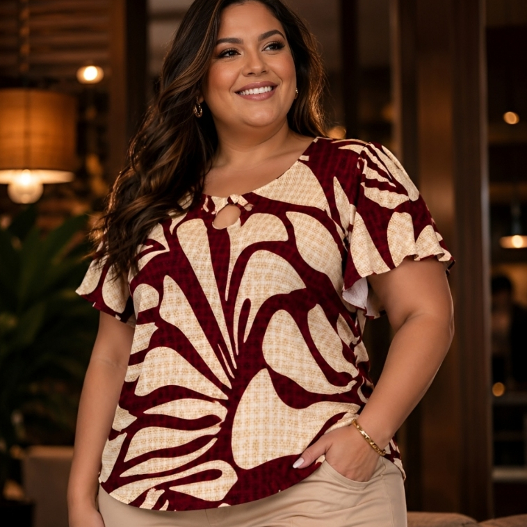 Blusa Plus Size Feminina Social Estampada 2371 Soltinha com Mangas Largas e Caimento Perfeito - Tecido Viscose, Elegante