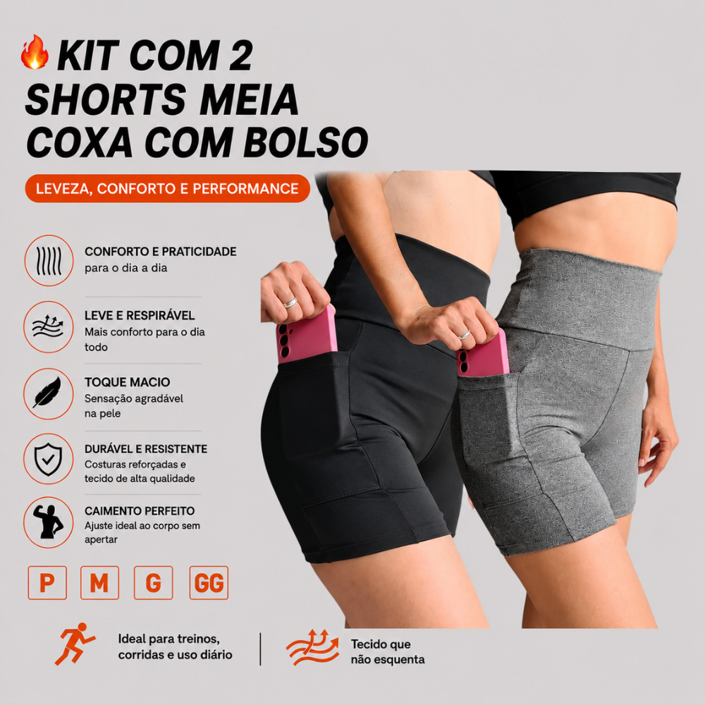 Kit 2 Short Academia Meia Coxa com Bolso Lisa e Estampado Legging Feminina Suplex Fitness Cós Alto