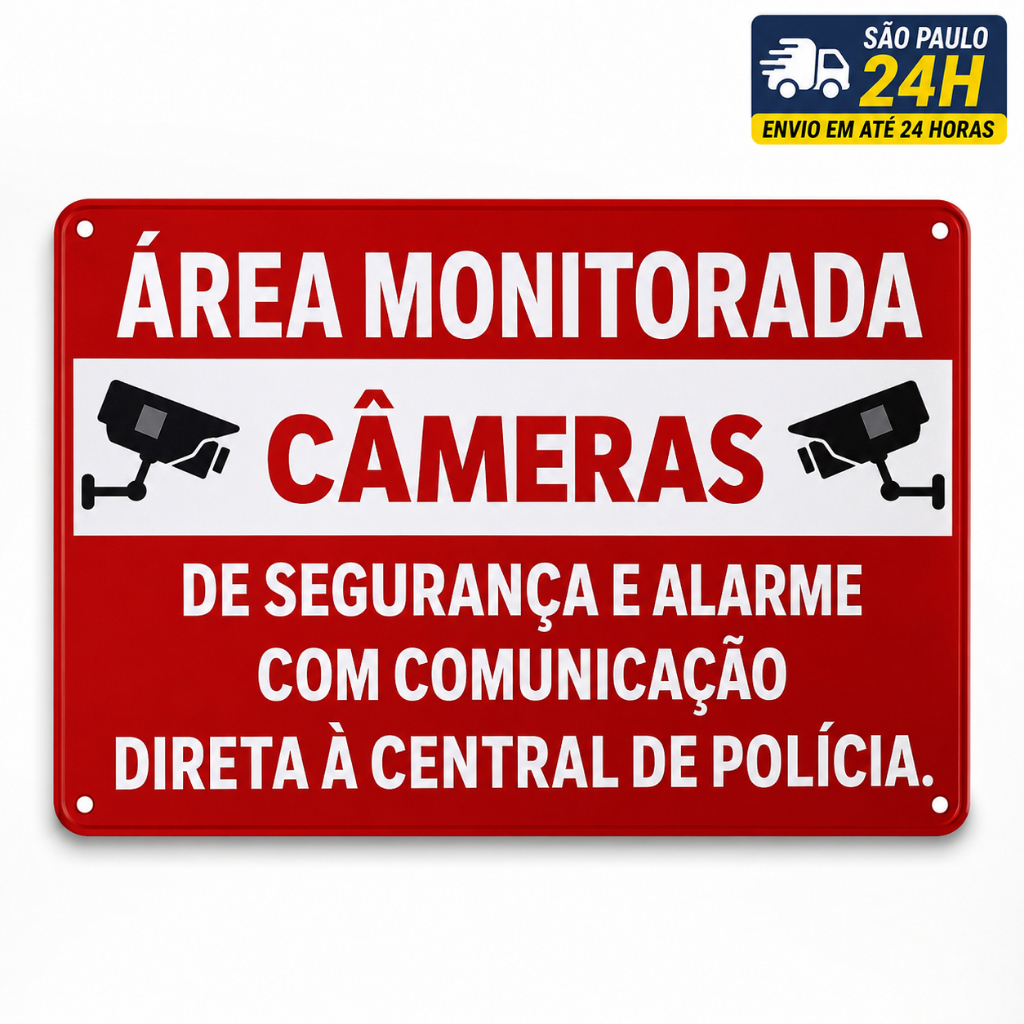 Placa Área Monitorada Câmeras de Segurança e Alarme PVC Sinalização Residencial Comercial