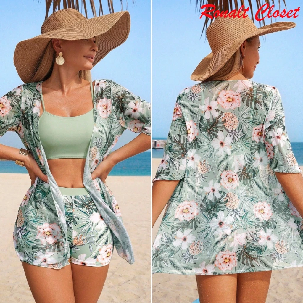 3 Peças Bikini Sets Conjunto De Maiô Biquínie Feminino Cordão Estampa Com Praia Kimono — imagem 1