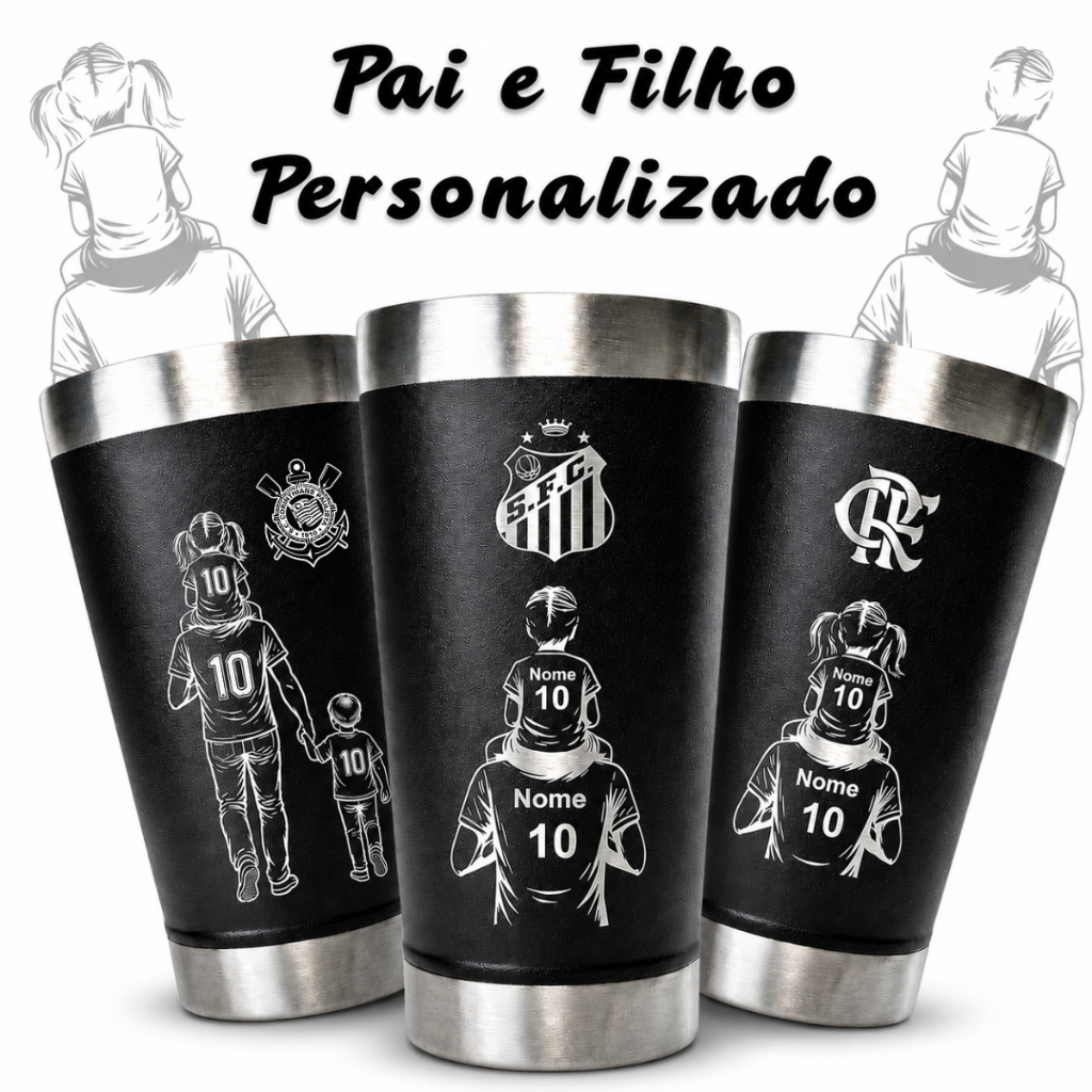 Copo Personalizado Times Pai E Filho Preto com Tampa Escudo Gravado