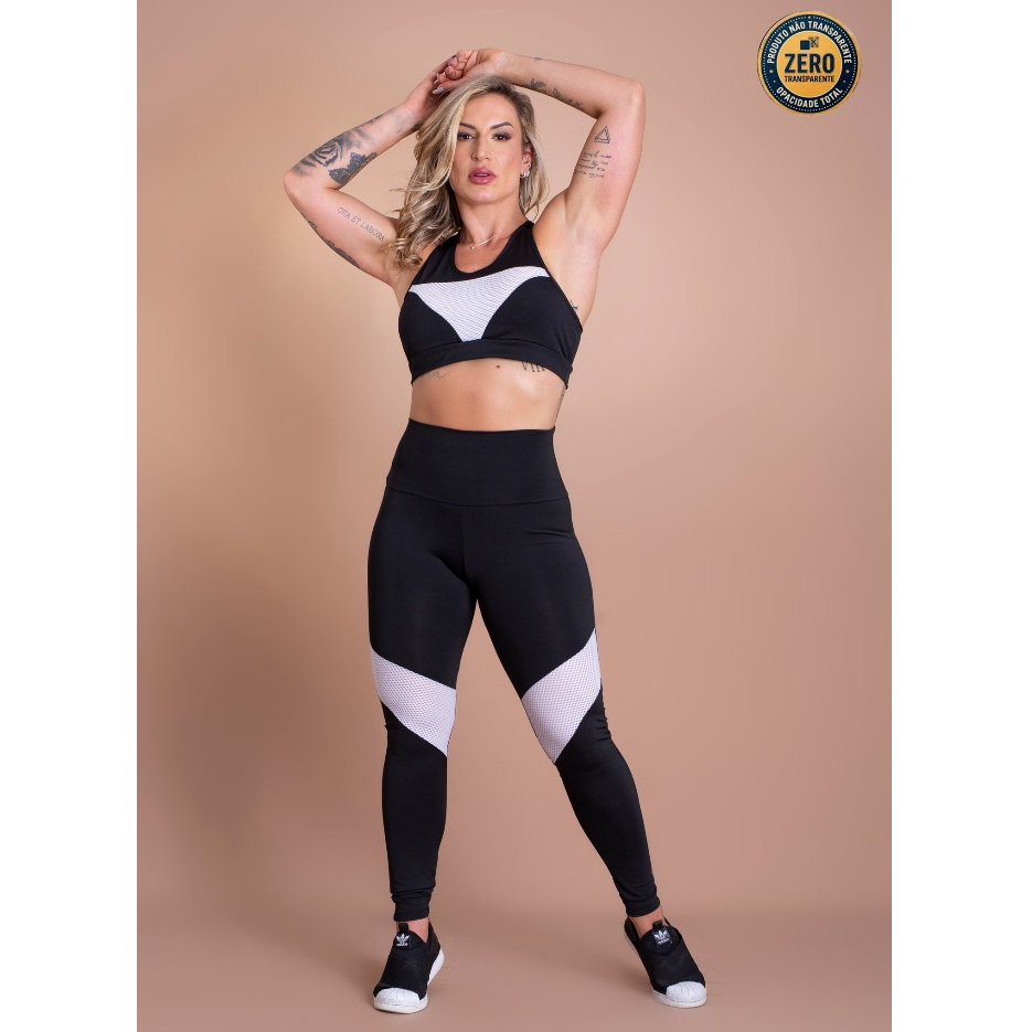 Conjunto Fitness Feminino Calça Legging Cintura Alta Detalhe e Top Nadador Com Tela Academia ZERO TRANSPARÊNCIA