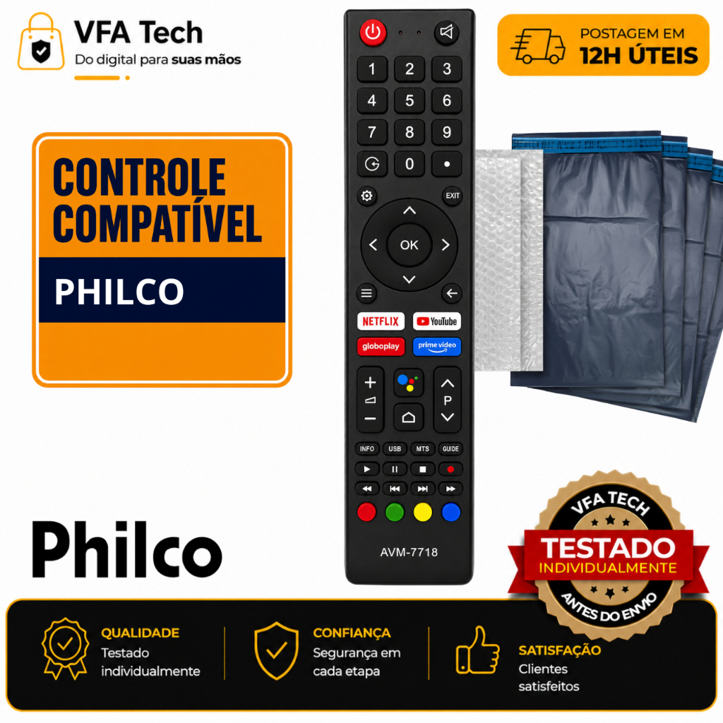 Controle Remoto para TV Compatível Philco Smart TV | AVM-7718 | Alta Qualidade | Testado | Envio em 12h úteis