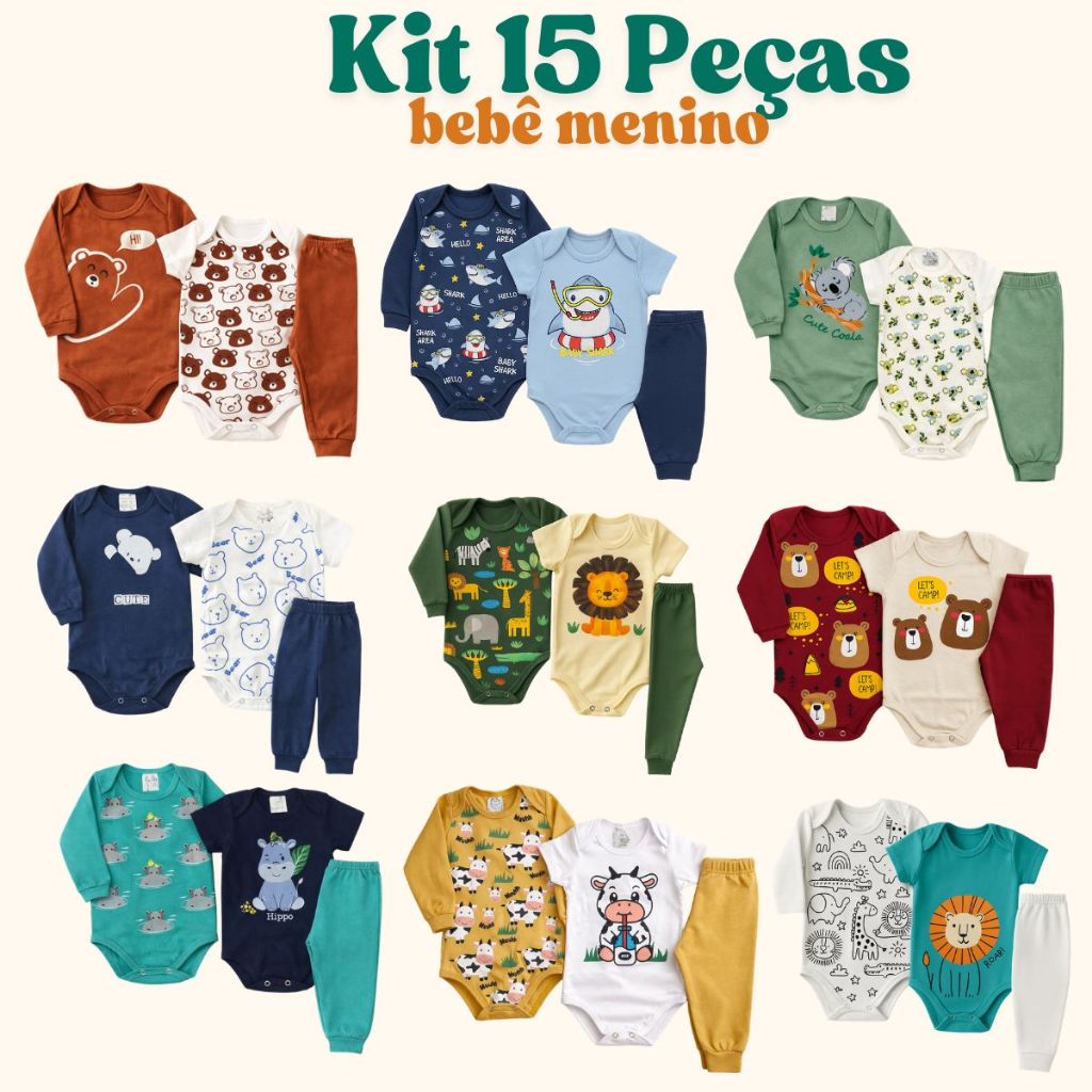 Kit 15 Peças Body Bebê Menino Manga Longa e Curta e Calça Meia Estação
