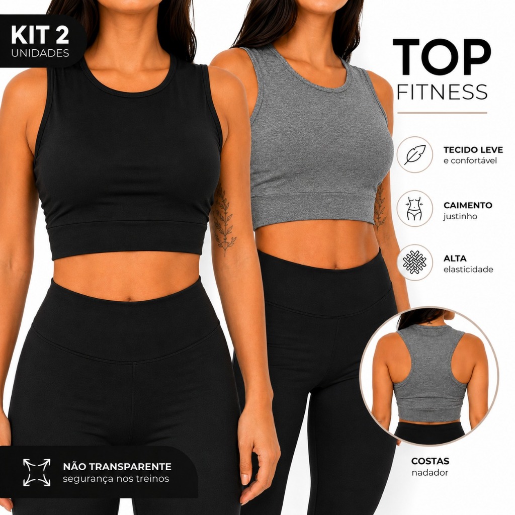 Kit 2 Tops Fitness Feminino Nadador Sem Bojo Não Transparente Alta Elasticidade Cropped Academia Treino