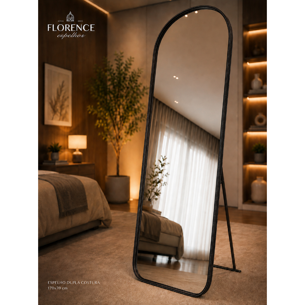 Espelho Verona Base Reta Corpo Inteiro Com Moldura em Couro Premium 170x70 e 150x50 Sala Quarto · foto 2