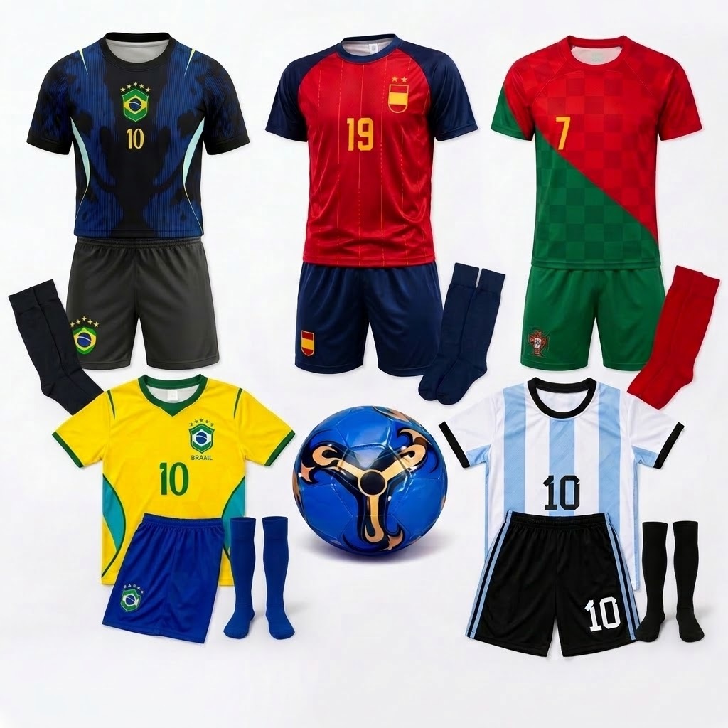 Kit Futebol Infantil Conjunto Camisa + Short + Meião + Bola Seleções Brasil, Argentina, Portugal, Espanha | Envio rápido