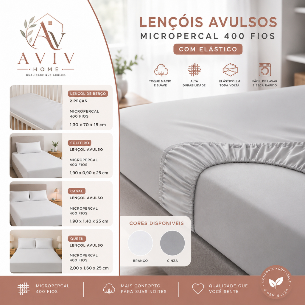 Lençol Avulso com Elástico Micropercal 400 Fios Berço Solteiro Casal Queen Toque Confortável e Macio