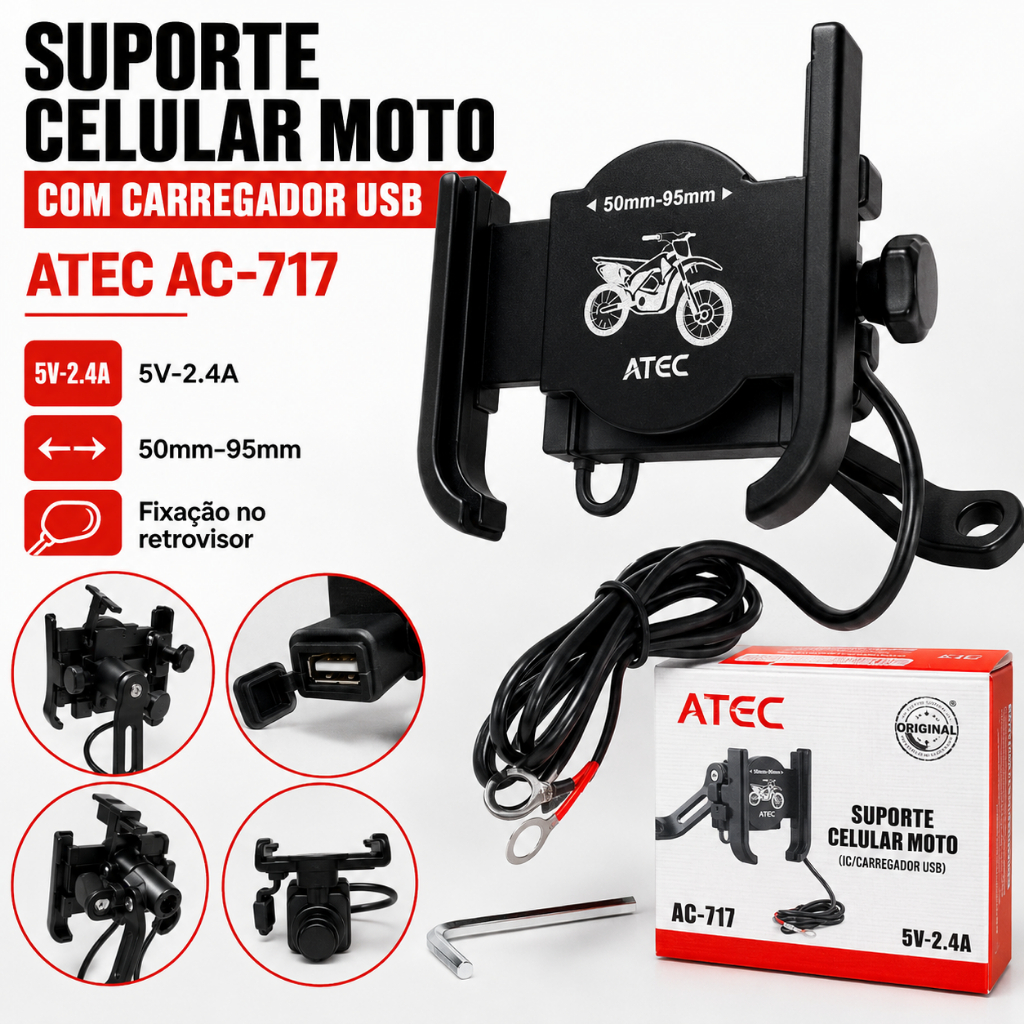 Suporte De Celular Para Moto Alumínio Anti Vibração Com Carregador USB Guidão