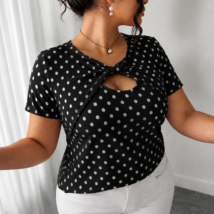 Blusa Feminina Plus Size Basica Gola Redonda Manga Curta Malha Premium Estampa Bolinhas