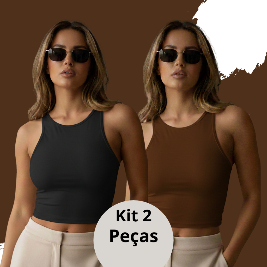 Kit 2 Cropped Top Feminino Regata Liso Micropremium Slim Para academia-Festas Verão Forro Duplo  Com Compressão Premium