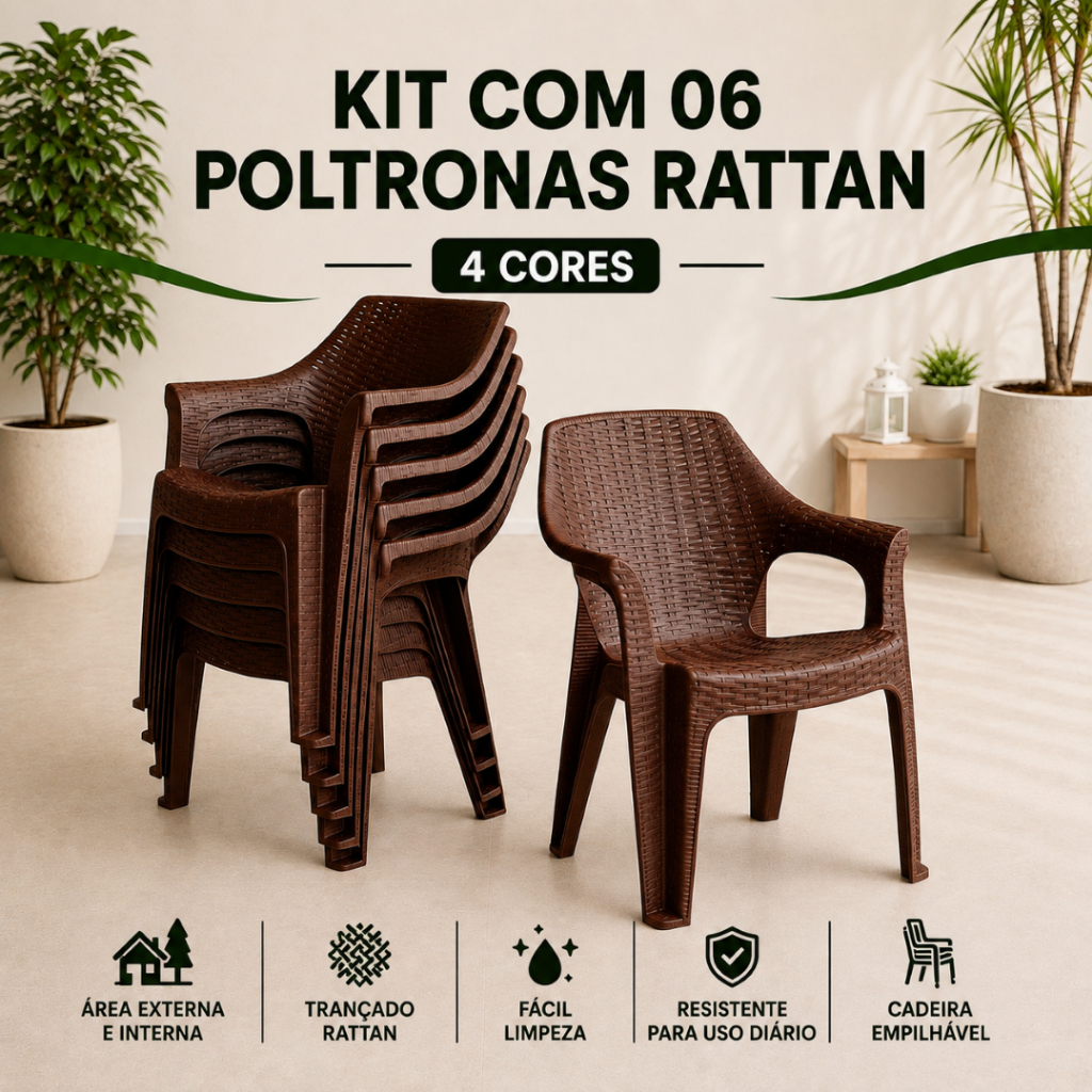 Kit 6 Poltrona Rattan Cadeira Reforçada Empilhável Escritório Varanda Piscina Sala Jardim Lazer Casa